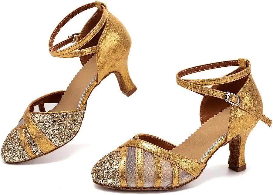 AOQUNFS Women's Glitter Latin Dance Shoes Closed Toe Ballroom Performance Wedding Sequin Dancing Shoes,FT105