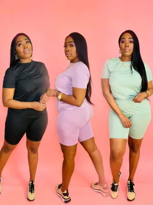 Bae*Sick 2-Piece Active Short Sleeve Top & High Waist Biker Short Set (7 Colors)