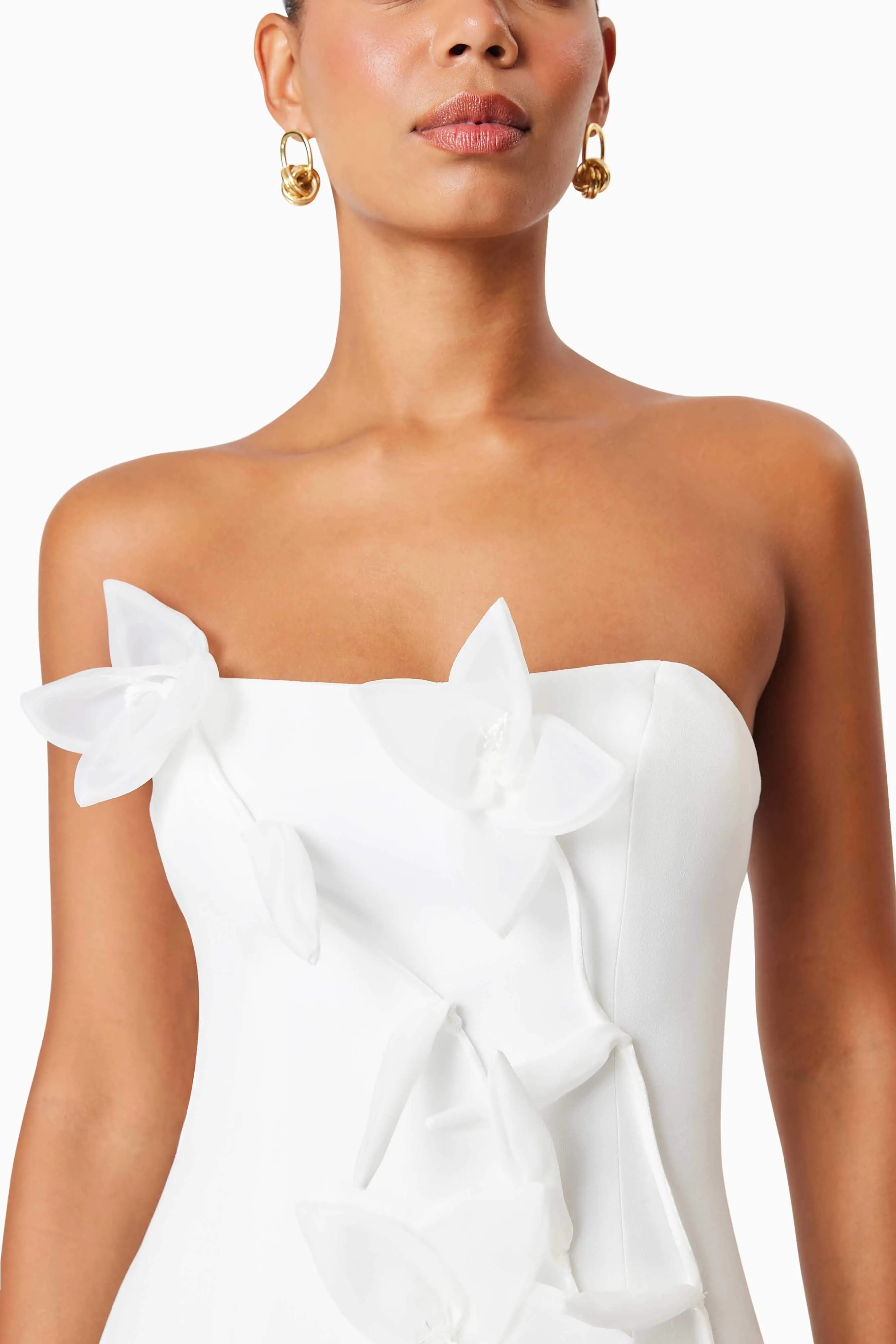 Bethany Strapless Floral Midi Dress In White