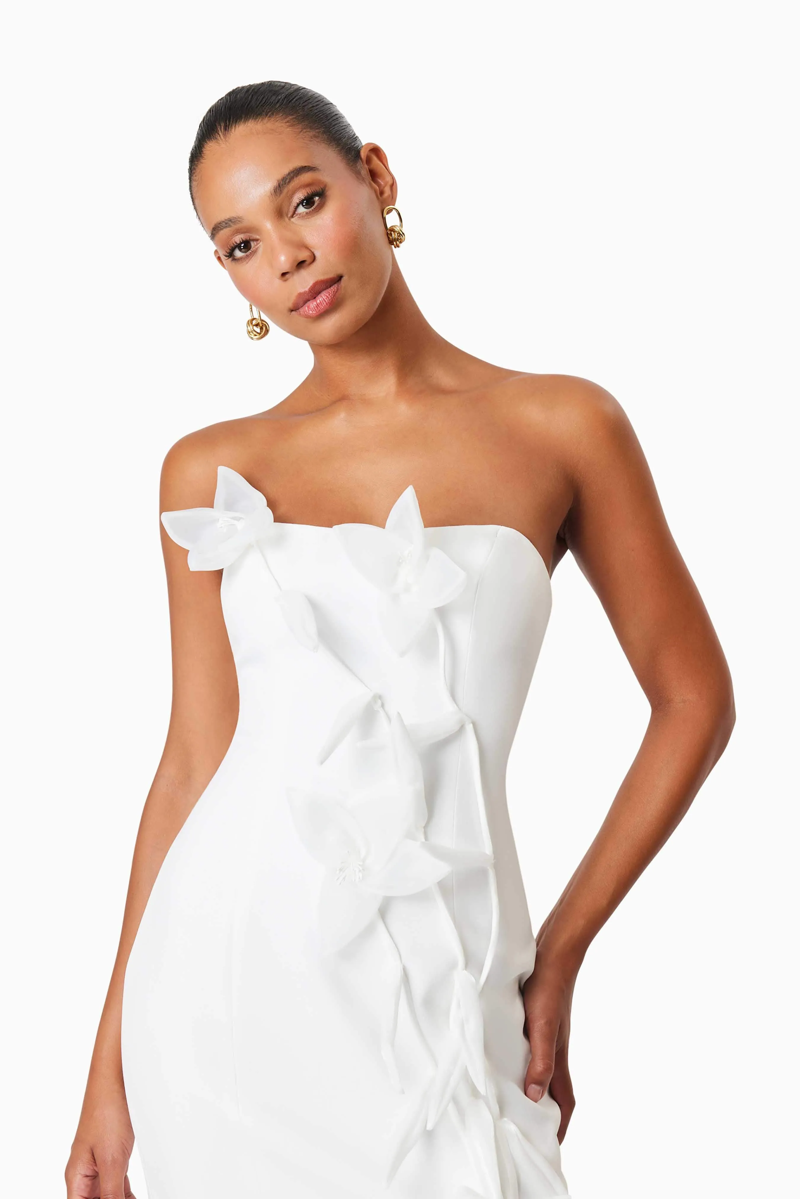 Bethany Strapless Floral Midi Dress In White