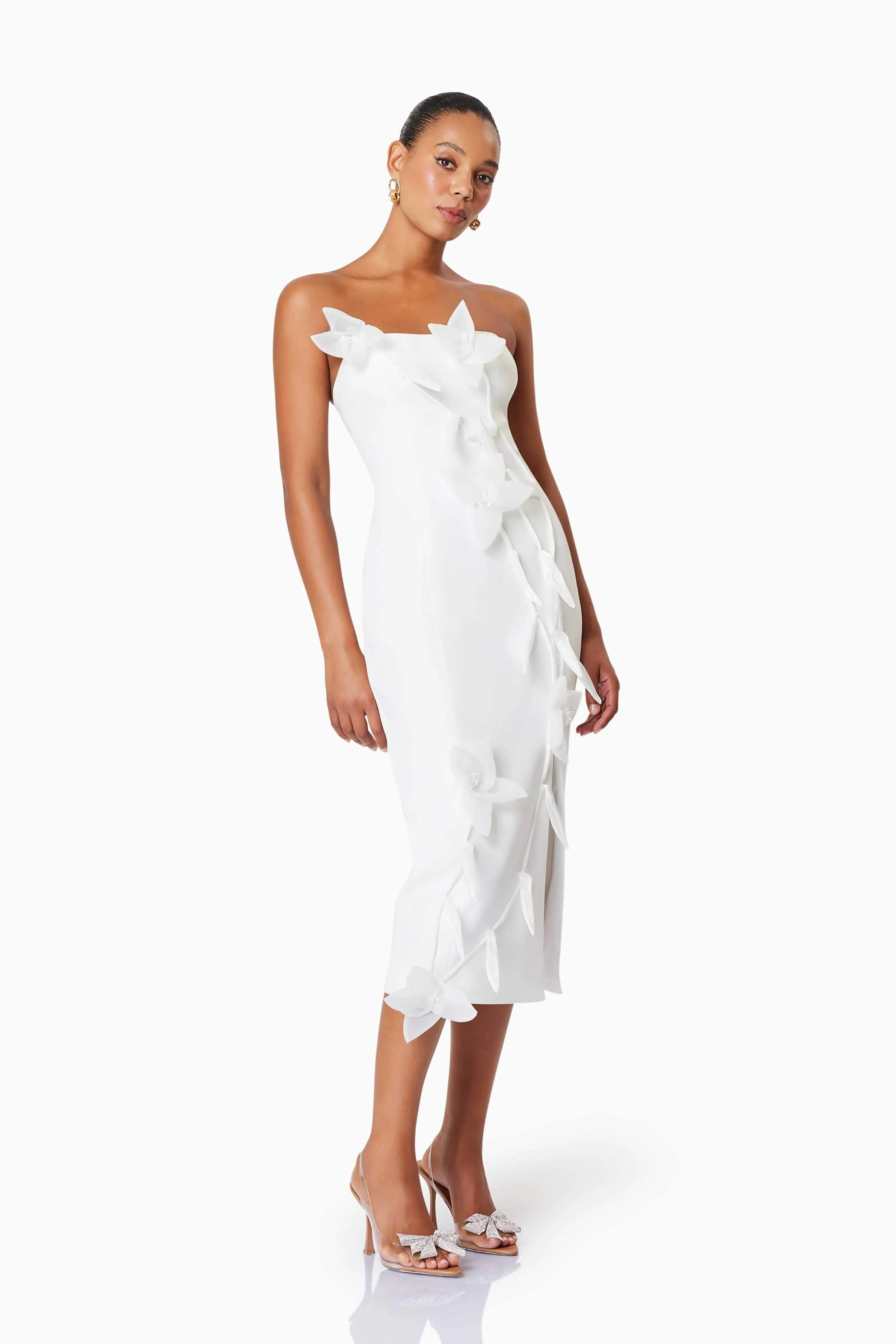 Bethany Strapless Floral Midi Dress In White