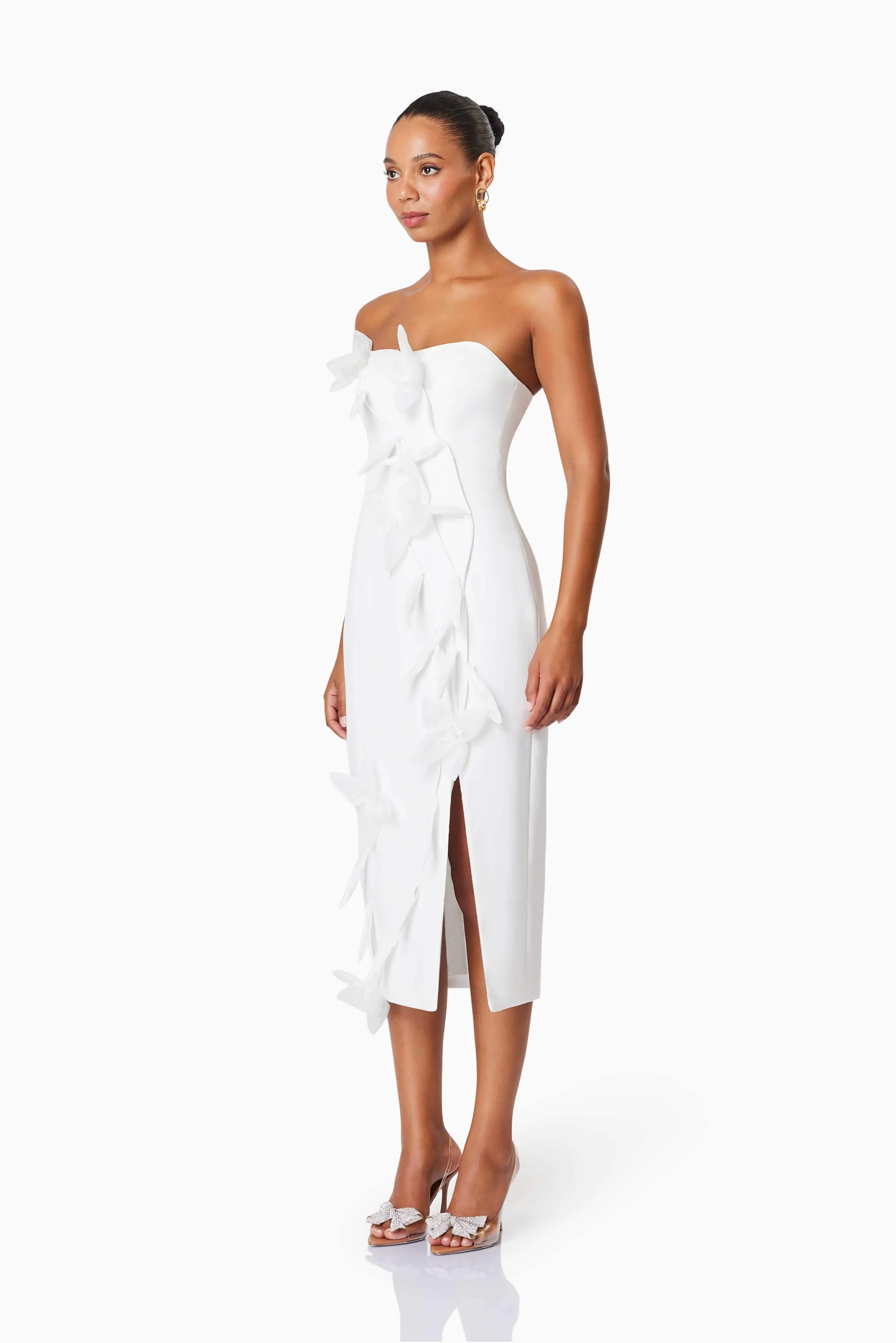 Bethany Strapless Floral Midi Dress In White