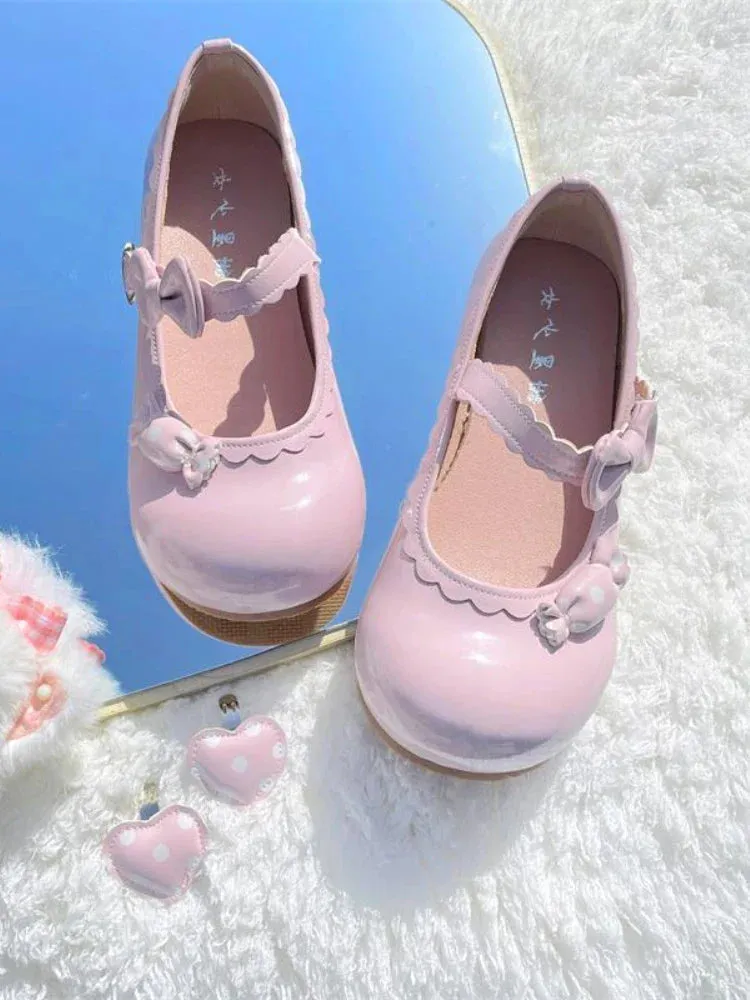 binfenxie  - Japanese Kawaii Mary Janes Shoes Women Heart-shaped Sweet Lolita Flats Shoes Ladies Shallow Bow Chic Casual Shoes 2024 Summer
