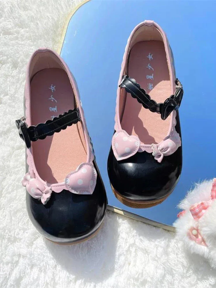 binfenxie  - Japanese Kawaii Mary Janes Shoes Women Heart-shaped Sweet Lolita Flats Shoes Ladies Shallow Bow Chic Casual Shoes 2024 Summer