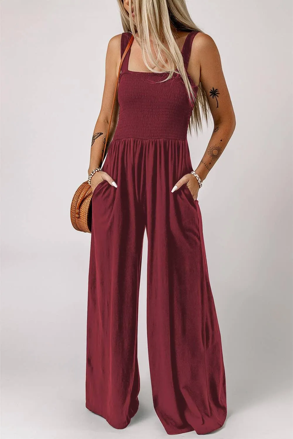 Black Smocked Sleeveless Wide Leg Jumpsuit