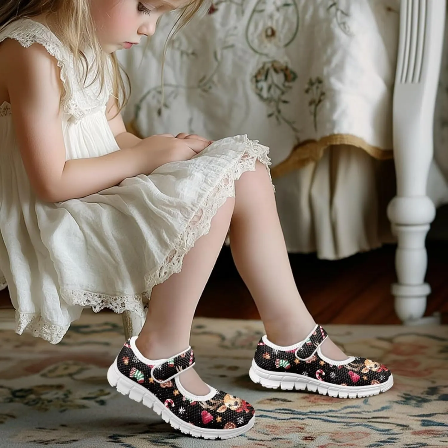 chaqlin Christmas Sneaker Mary Jane for Kids Slip On Casual Outdoor School Sports Shoes Lightweight Flat Walking Sneaker