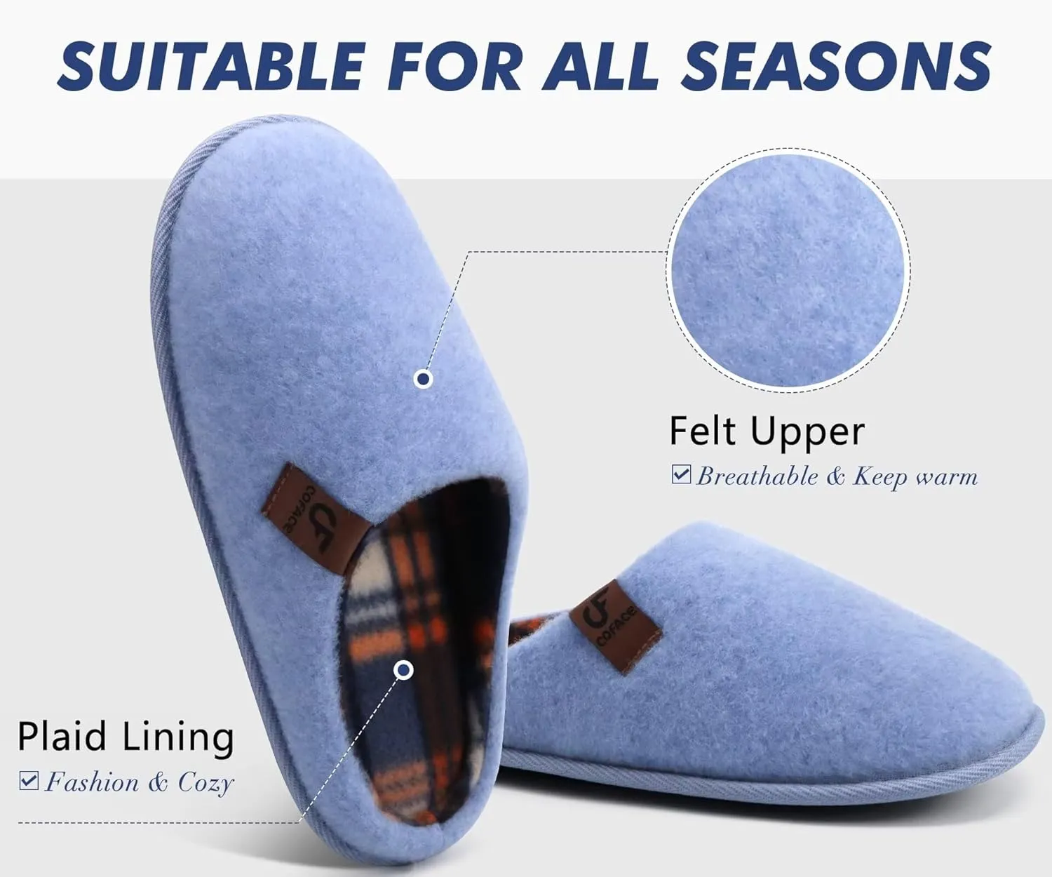 COFACE Unisex Mens Womens Cozy Memory Foam Scuff Slippers Casual Slip On Warm House Shoes Indoor/Outdoor Felt Sandal Slippers With Arch Support Rubber Sole Size 4-15