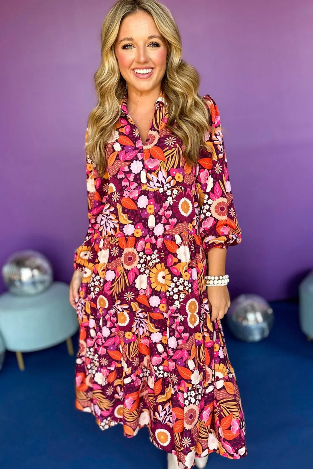 Collared Tiered Flowy Long Dress