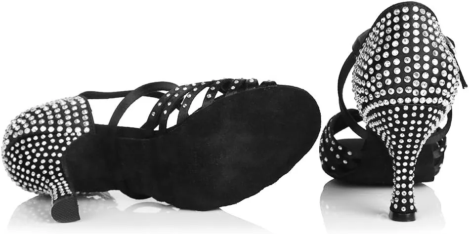 DKZSYIM Women Rhinestone Latin Ballroom Dance Shoes Bachata Salsa Practice Performance Dance Shoes,Model AFCT459