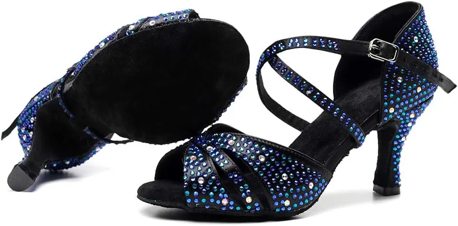 DKZSYIM Women Rhinestone Latin Ballroom Dance Shoes Bachata Salsa Practice Performance Dance Shoes,Model QJW7170