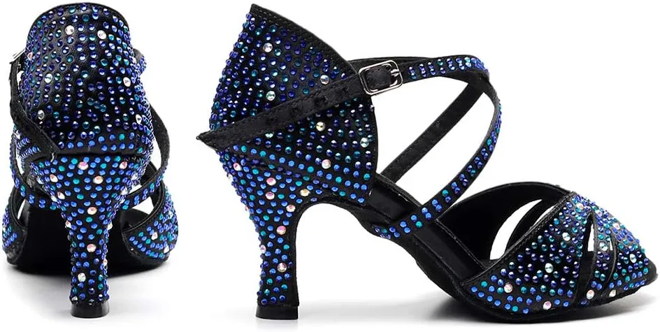 DKZSYIM Women Rhinestone Latin Ballroom Dance Shoes Bachata Salsa Practice Performance Dance Shoes,Model QJW7170