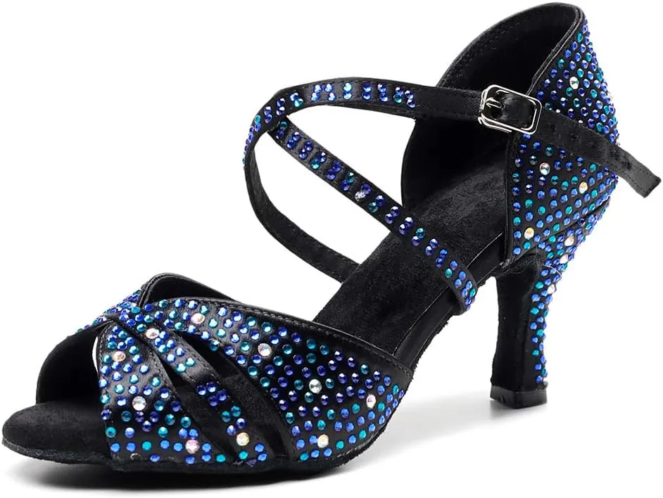 DKZSYIM Women Rhinestone Latin Ballroom Dance Shoes Bachata Salsa Practice Performance Dance Shoes,Model QJW7170