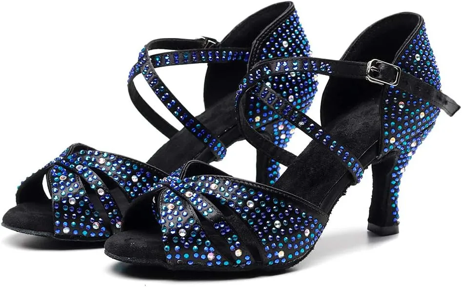 DKZSYIM Women Rhinestone Latin Ballroom Dance Shoes Bachata Salsa Practice Performance Dance Shoes,Model QJW7170