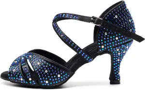 DKZSYIM Women Rhinestone Latin Ballroom Dance Shoes Bachata Salsa Practice Performance Dance Shoes,Model QJW7170