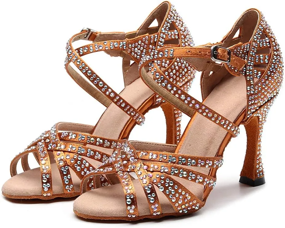 DKZSYIM Women's Satin Latin Dance Shoes Rhinestone Ballroom Salsa Performance Practice Dancing Shoes,Model QJW1046DZ