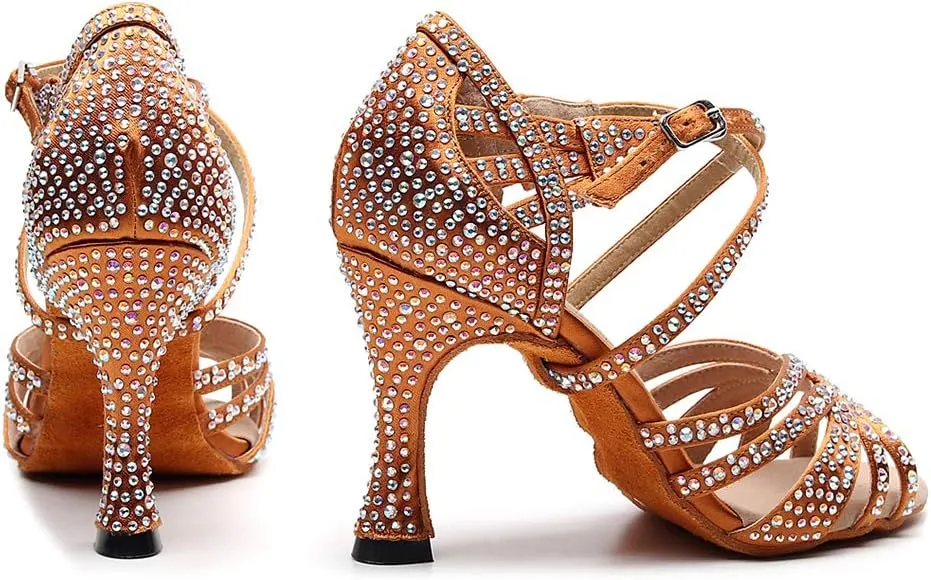 DKZSYIM Women's Satin Latin Dance Shoes Rhinestone Ballroom Salsa Performance Practice Dancing Shoes,Model QJW1046DZ