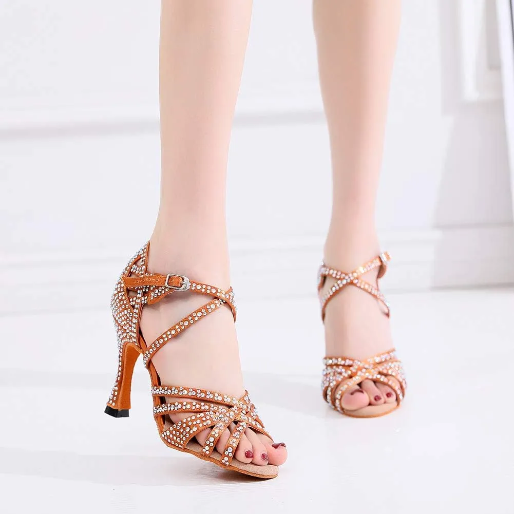 DKZSYIM Women's Satin Latin Dance Shoes Rhinestone Ballroom Salsa Performance Practice Dancing Shoes,Model QJW1046DZ