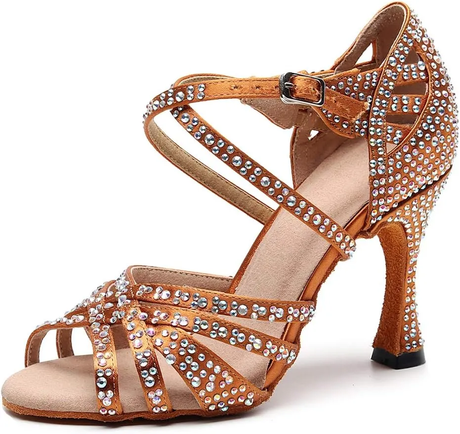 DKZSYIM Women's Satin Latin Dance Shoes Rhinestone Ballroom Salsa Performance Practice Dancing Shoes,Model QJW1046DZ