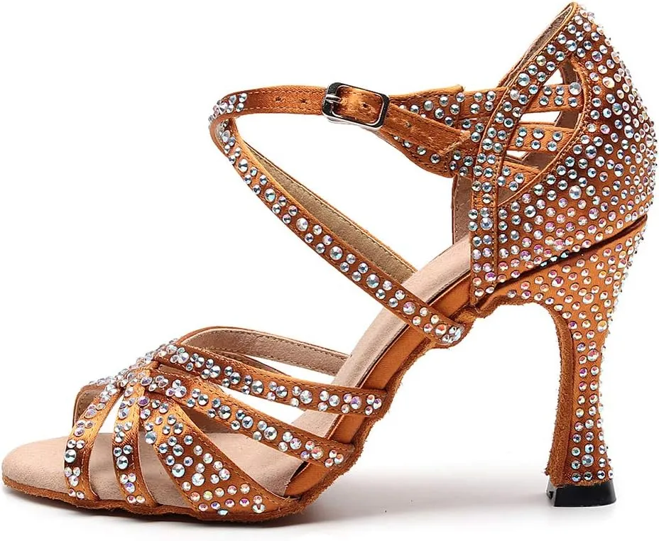 DKZSYIM Women's Satin Latin Dance Shoes Rhinestone Ballroom Salsa Performance Practice Dancing Shoes,Model QJW1046DZ
