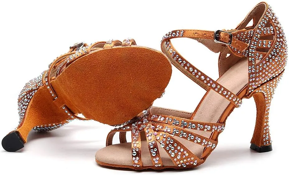 DKZSYIM Women's Satin Latin Dance Shoes Rhinestone Ballroom Salsa Performance Practice Dancing Shoes,Model QJW1046DZ