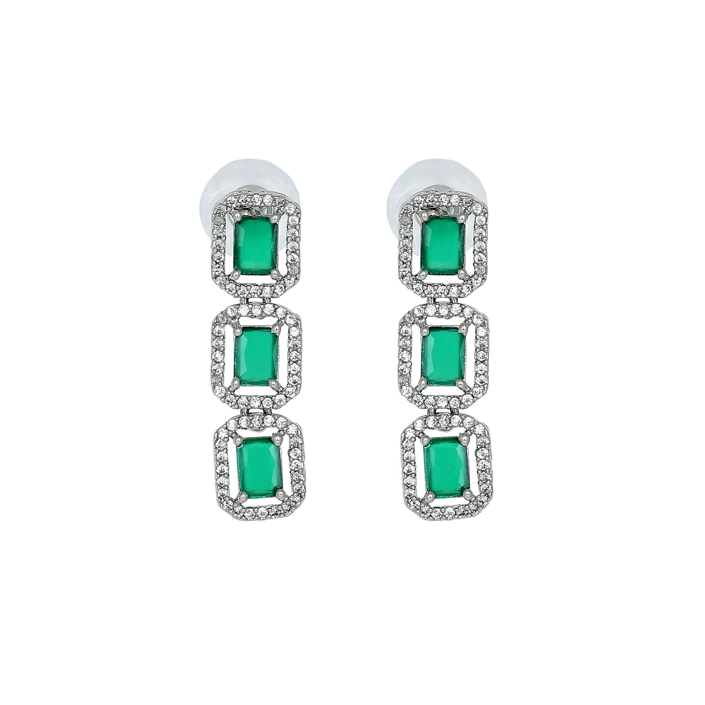 Estele Rhodium Plated CZ Ossum Octagon Necklace Set with Emerald Stones for Women