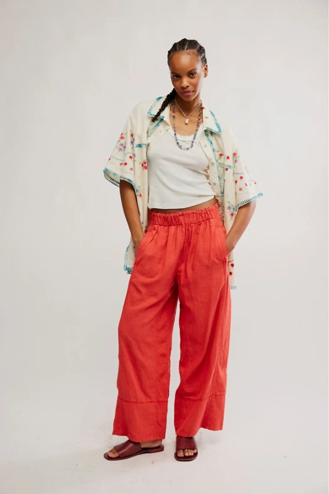 Free People Days End Linen Pants Poppy Red