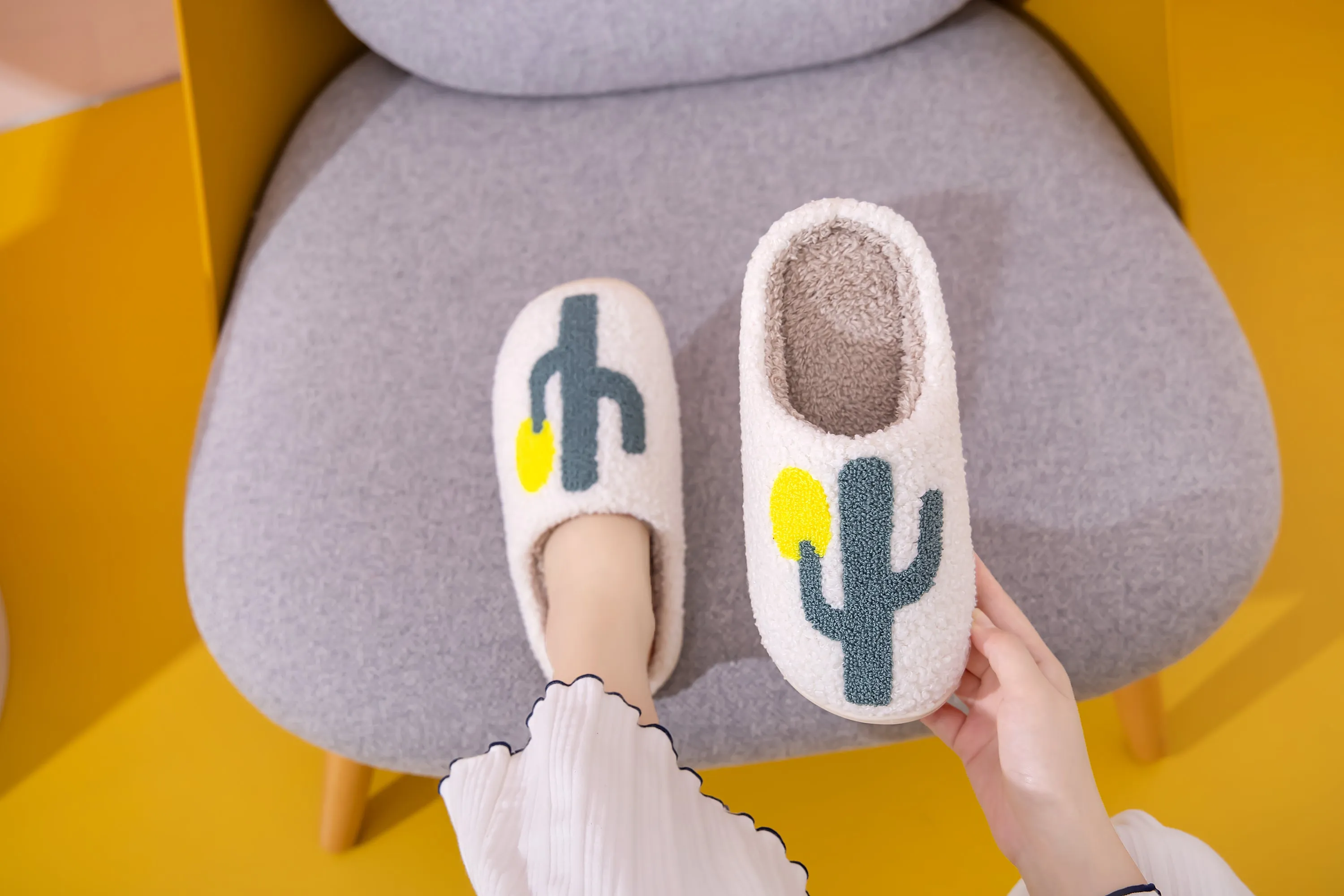 Fun Cactus Illustrated Comfort Cozy Plush Fluffy Fur Slip On Cushion Slippers