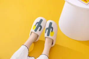 Fun Cactus Illustrated Comfort Cozy Plush Fluffy Fur Slip On Cushion Slippers