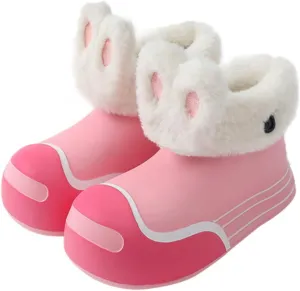 Fuzzy Parent-Child Slippers Furry Ankle Boots Cute Rabbit Ears Decor Soft Cozy Warm Waterproof EVA Sole Outdoor Fluffy Slippers Gift for Christmas
