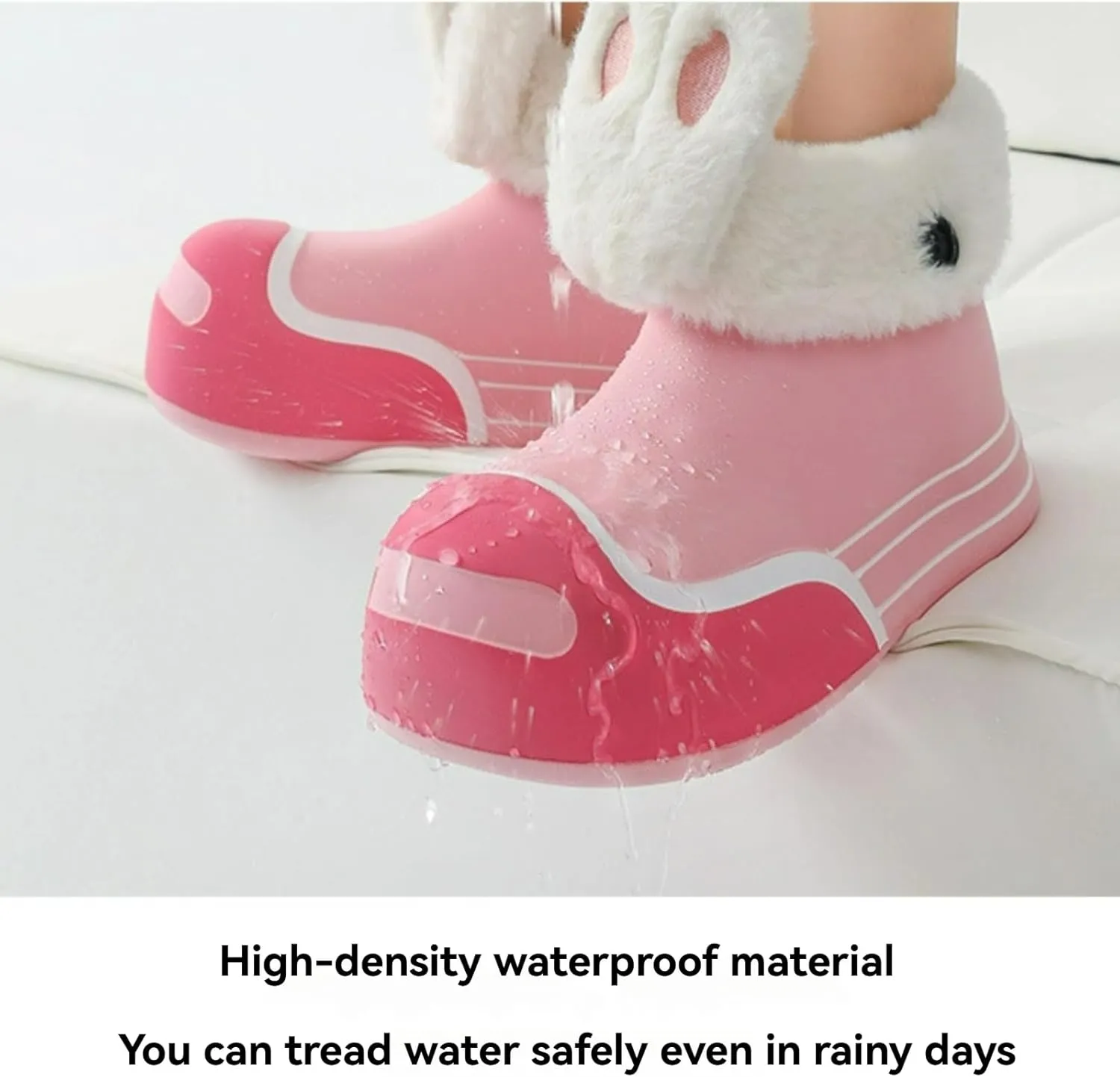 Fuzzy Parent-Child Slippers Furry Ankle Boots Cute Rabbit Ears Decor Soft Cozy Warm Waterproof EVA Sole Outdoor Fluffy Slippers Gift for Christmas