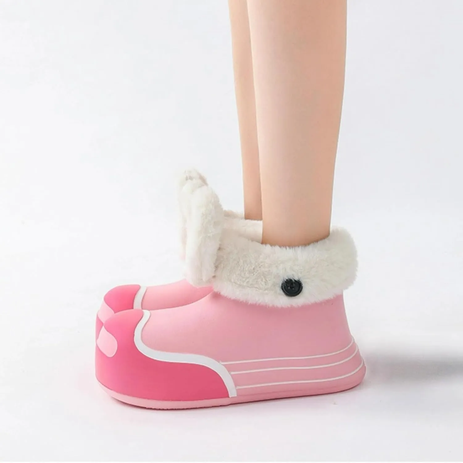 Fuzzy Parent-Child Slippers Furry Ankle Boots Cute Rabbit Ears Decor Soft Cozy Warm Waterproof EVA Sole Outdoor Fluffy Slippers Gift for Christmas