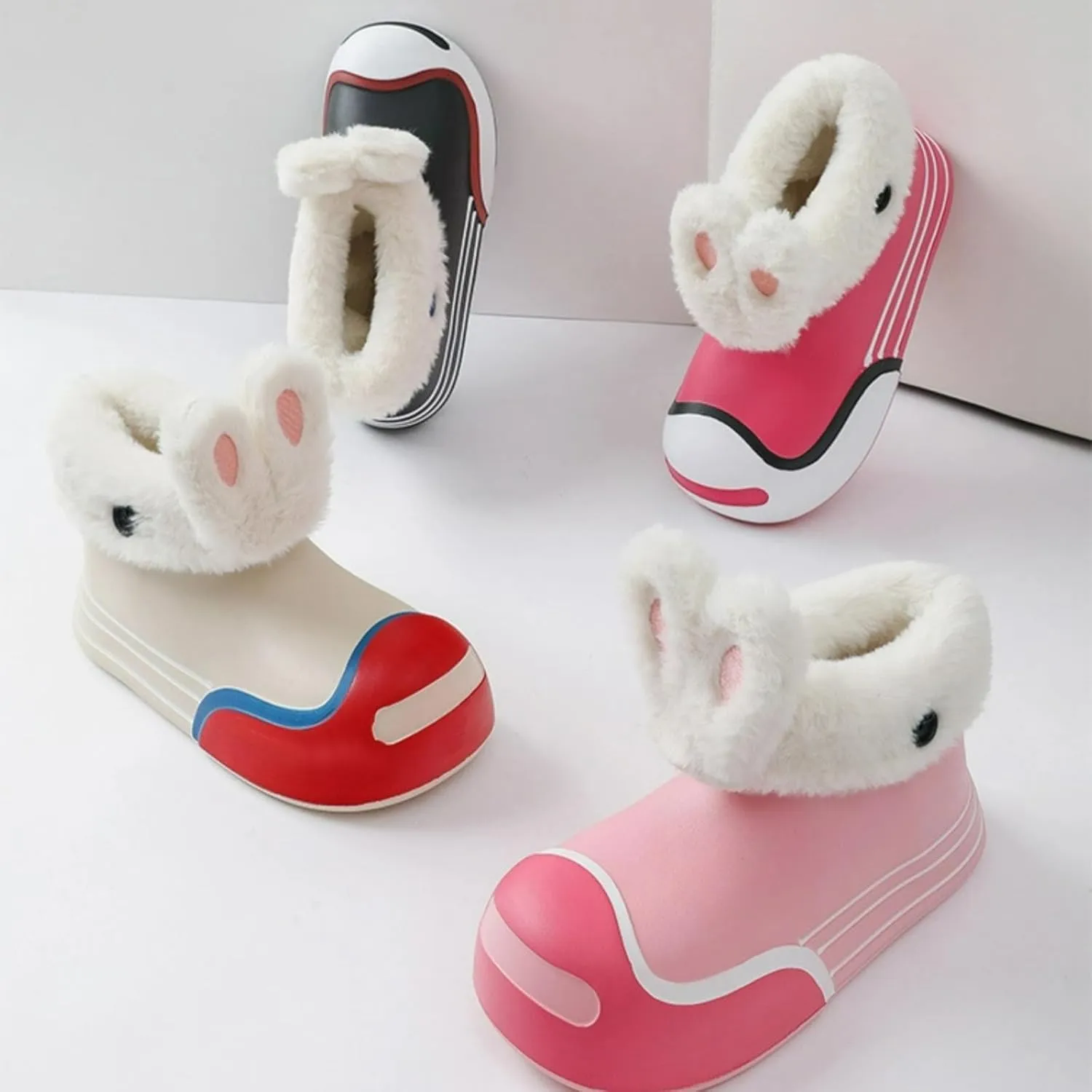 Fuzzy Parent-Child Slippers Furry Ankle Boots Cute Rabbit Ears Decor Soft Cozy Warm Waterproof EVA Sole Outdoor Fluffy Slippers Gift for Christmas