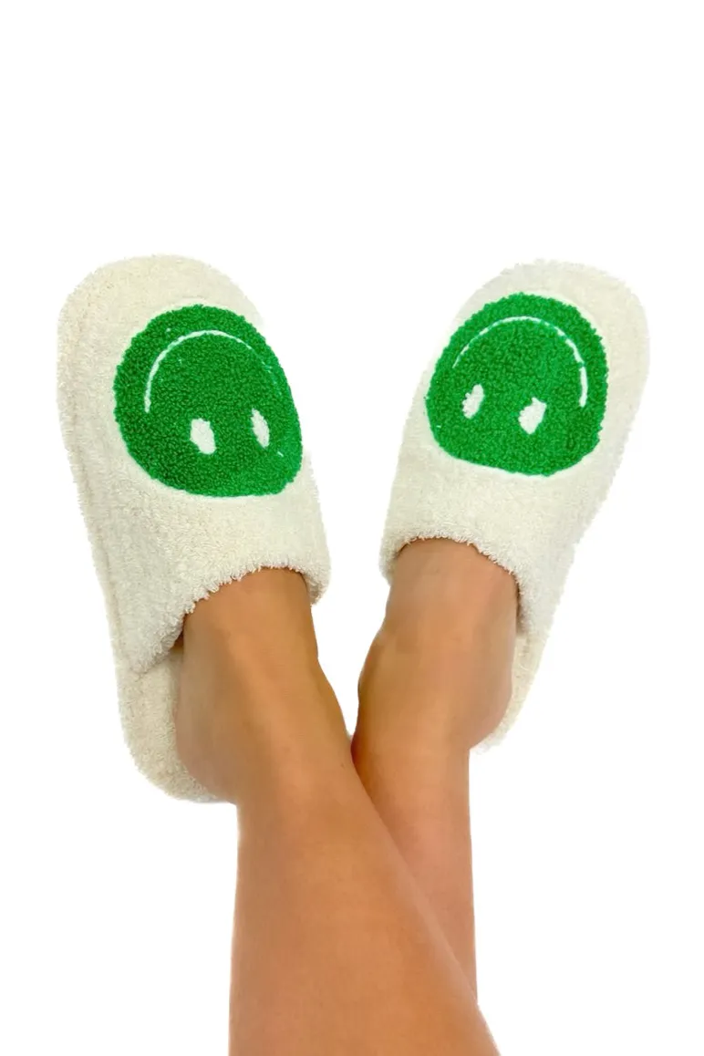 Get Cozy Smiley Face Slippers in Green