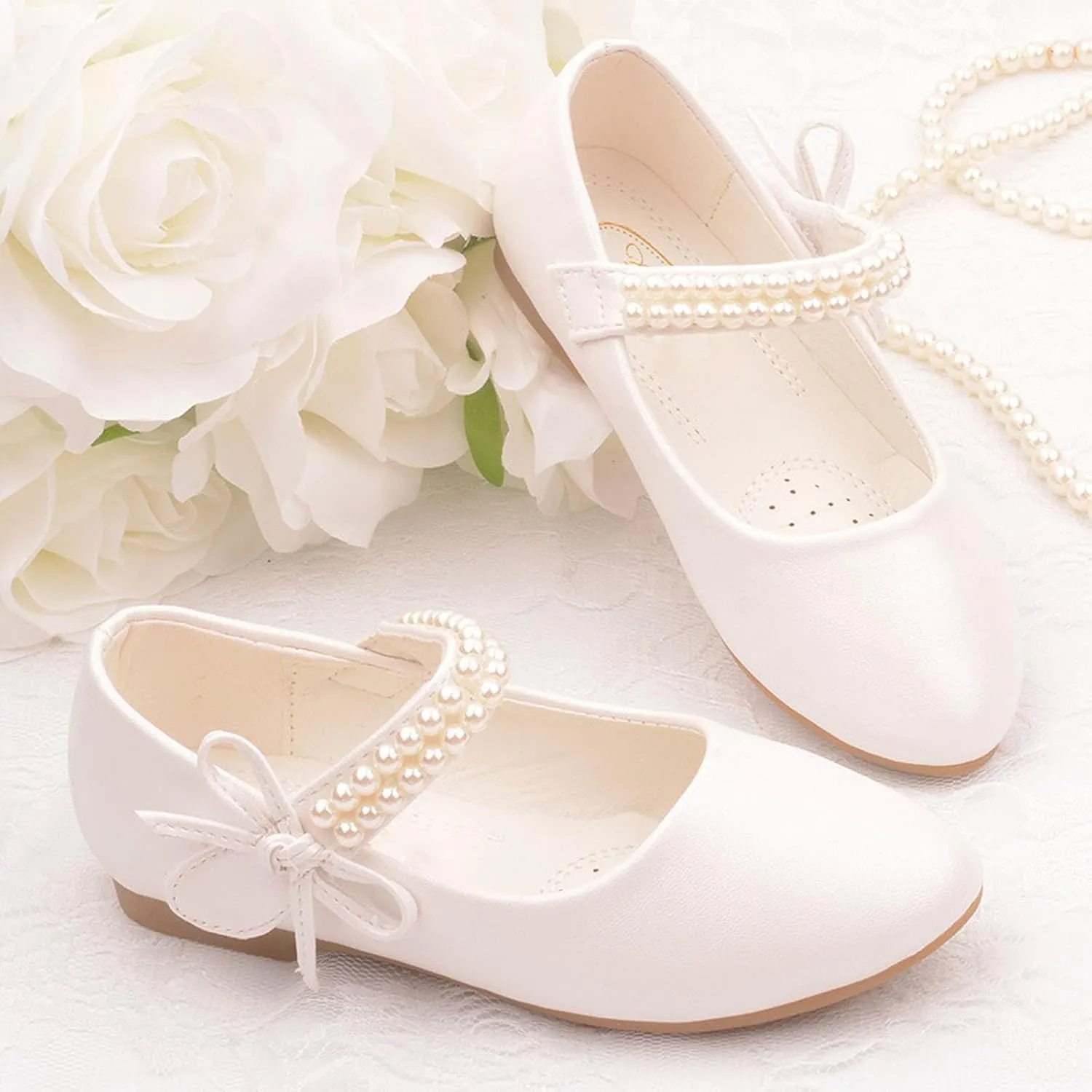 Girls Dress Shoes Toddler Flower Girl Dress Shoes Little Girl Ballet Flats Pearl Strap for Wedding Party