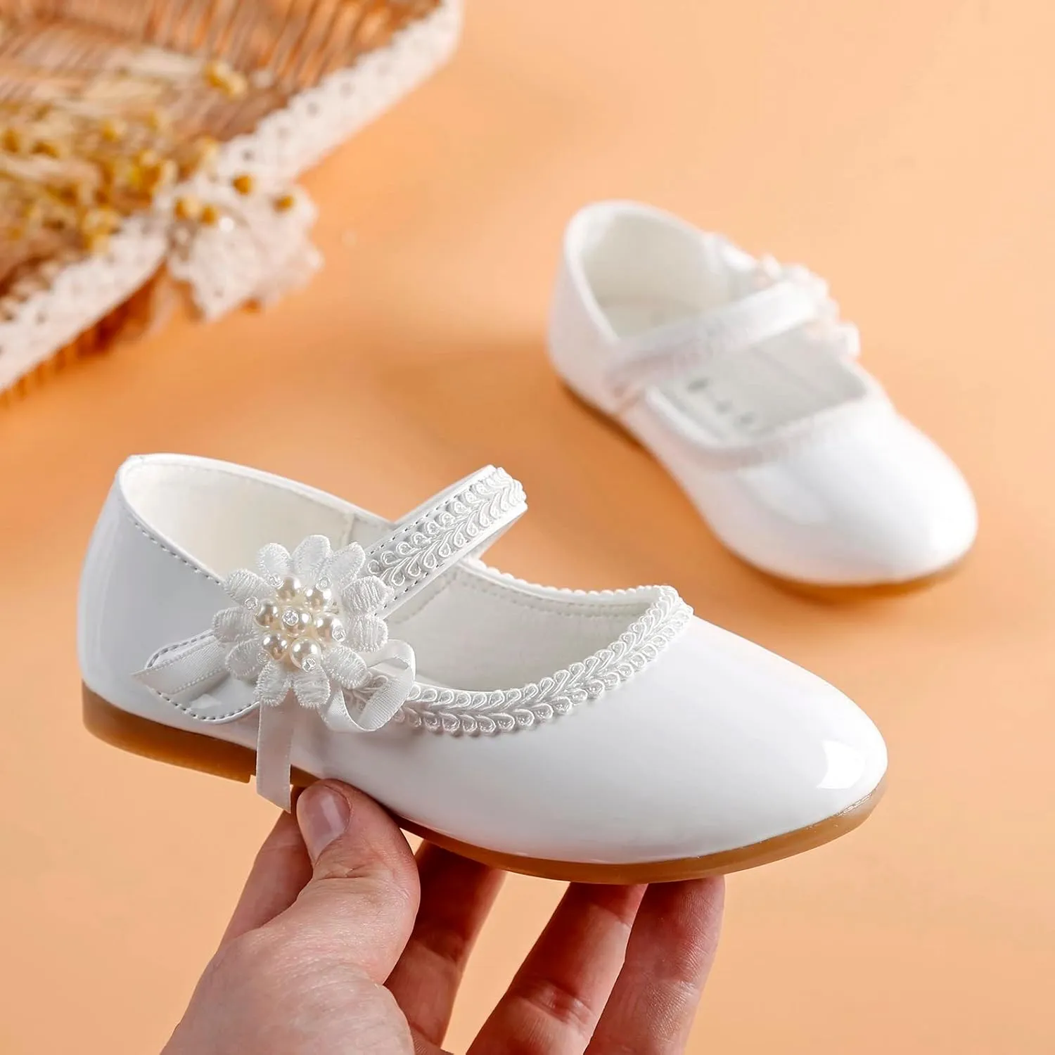 Girls Mary Jane with Pearls Toddler Girls Dress Shoes Low Heels Pumps for Flower Girl Wedding Party