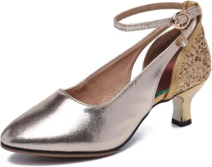 HROYL Women Closed Toe Ballroom Dance Shoes Low Heel Performence Wedding Party Social Sequin Dancing Pumps,Model FT085