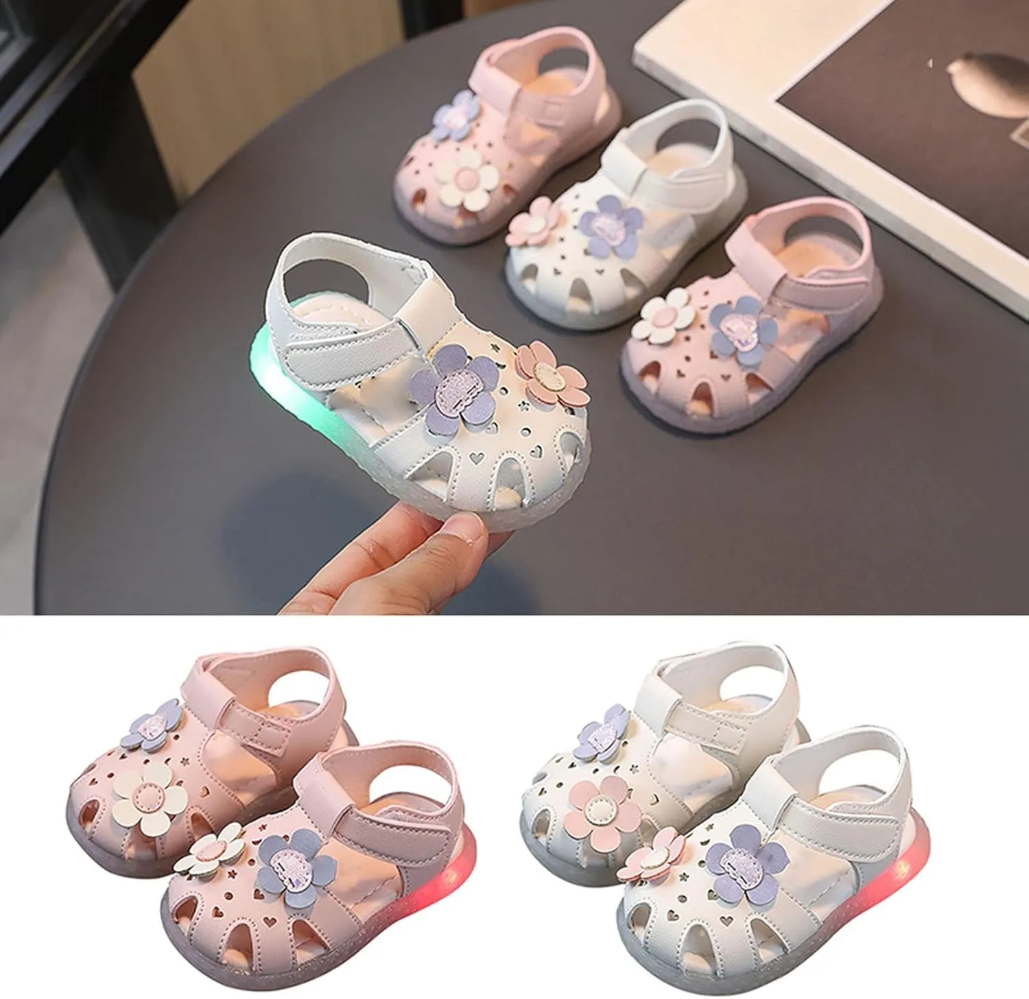 Infant Girls Closed-Toe Light Up Flower Sandals Princess Luminous Lightweight Soft Sole Anti-Slip Leather Flats
