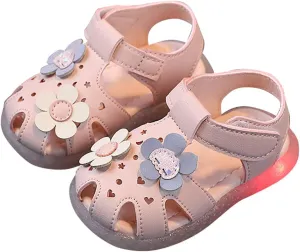 Infant Girls Closed-Toe Light Up Flower Sandals Princess Luminous Lightweight Soft Sole Anti-Slip Leather Flats