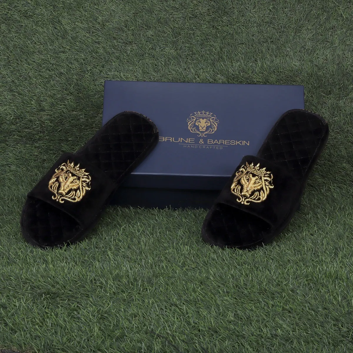 Italian Velvet Slide In Slippers With Quilted Stitched Zardosi Lion