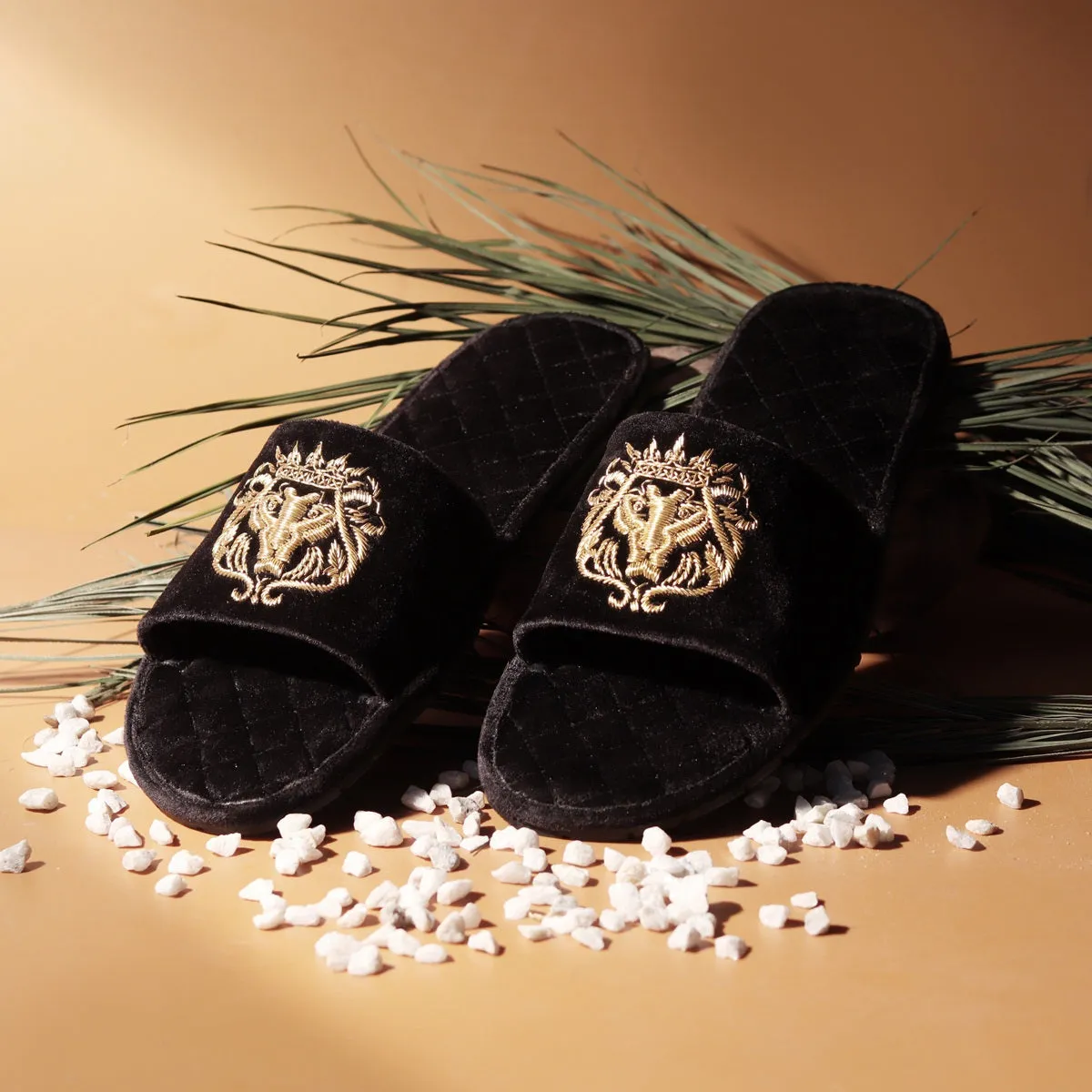 Italian Velvet Slide In Slippers With Quilted Stitched Zardosi Lion
