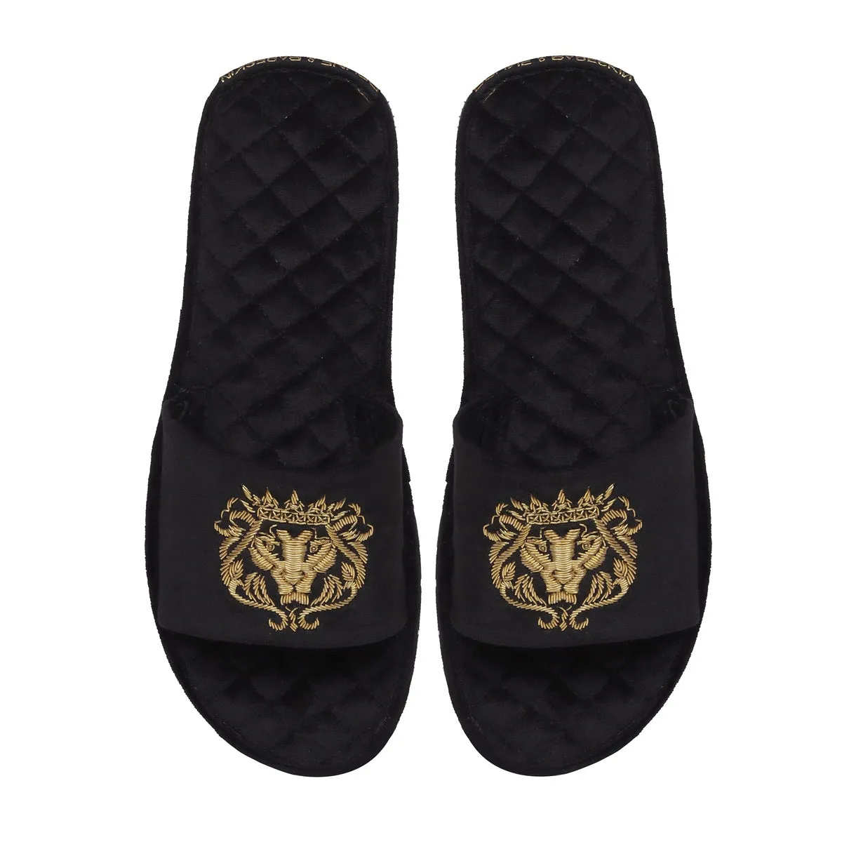 Italian Velvet Slide In Slippers With Quilted Stitched Zardosi Lion