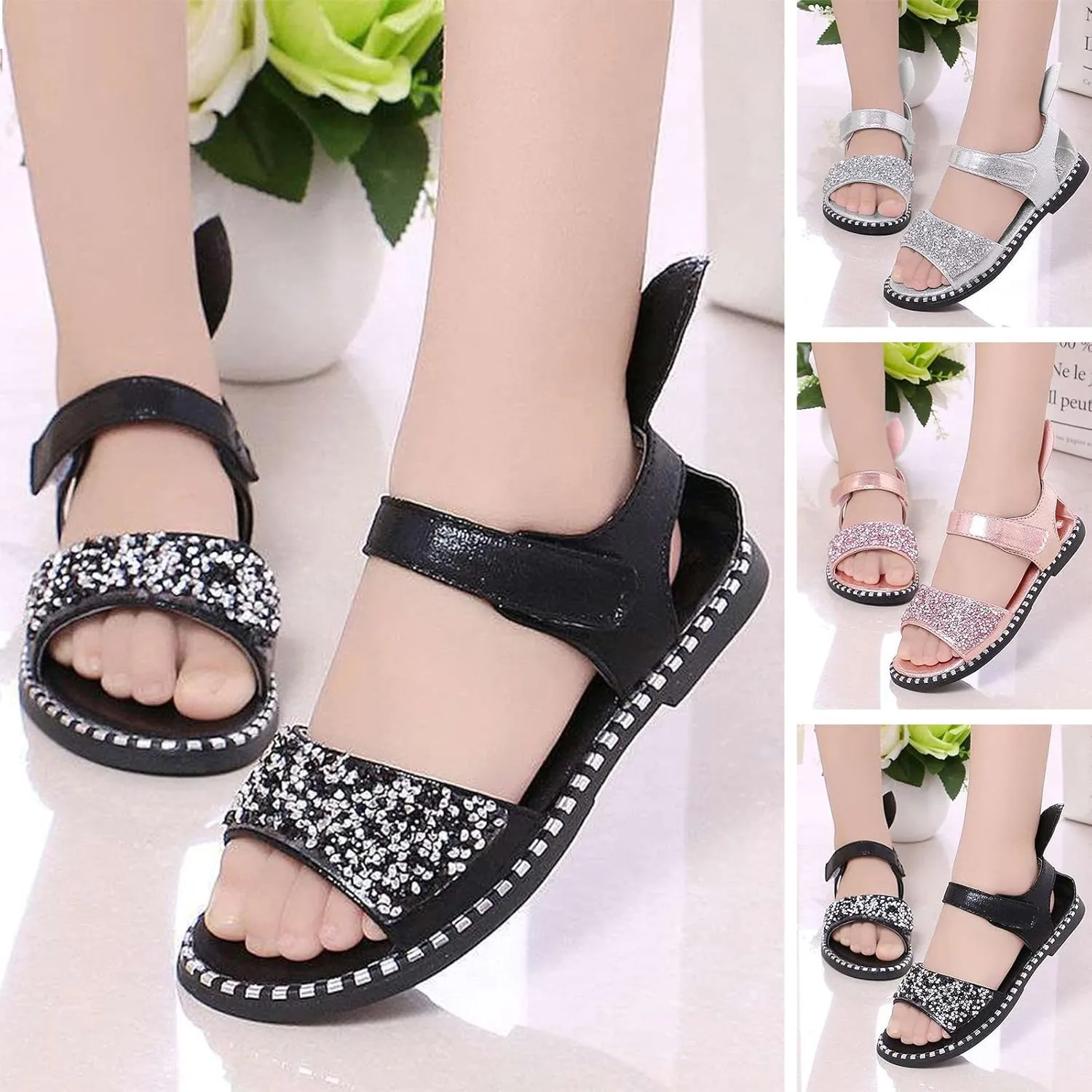 Kids Shoe Slides Toddler Little Girl Dress Sandals Shoes Casual Slip On Ballet Flat Sequins Princess Girls Flip Flops