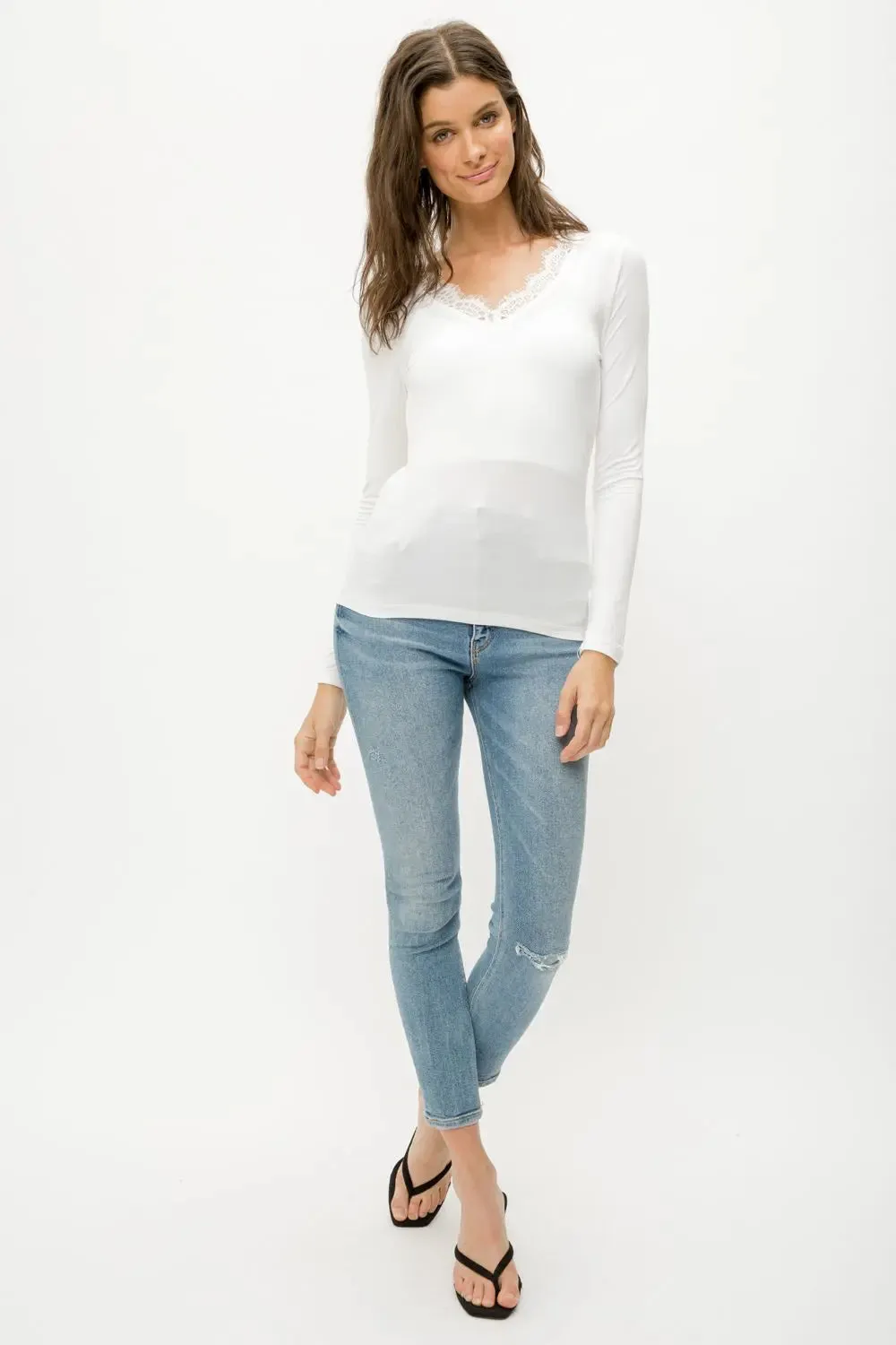 Lace Trimmed Basic Longsleeve V-Neck White