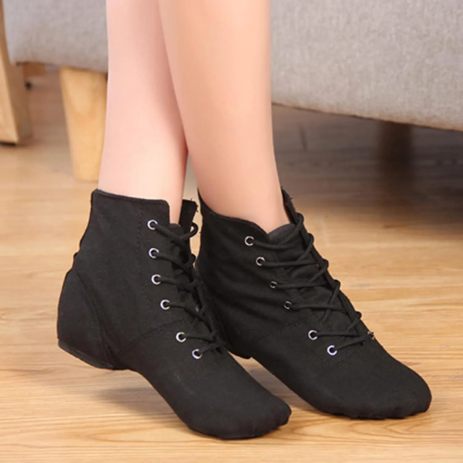 Lace Up Black Jazz Shoes Dance Boots for Girls High Top Canvas Dancing Shoes Split Sole Over Ankle Jazz Boots