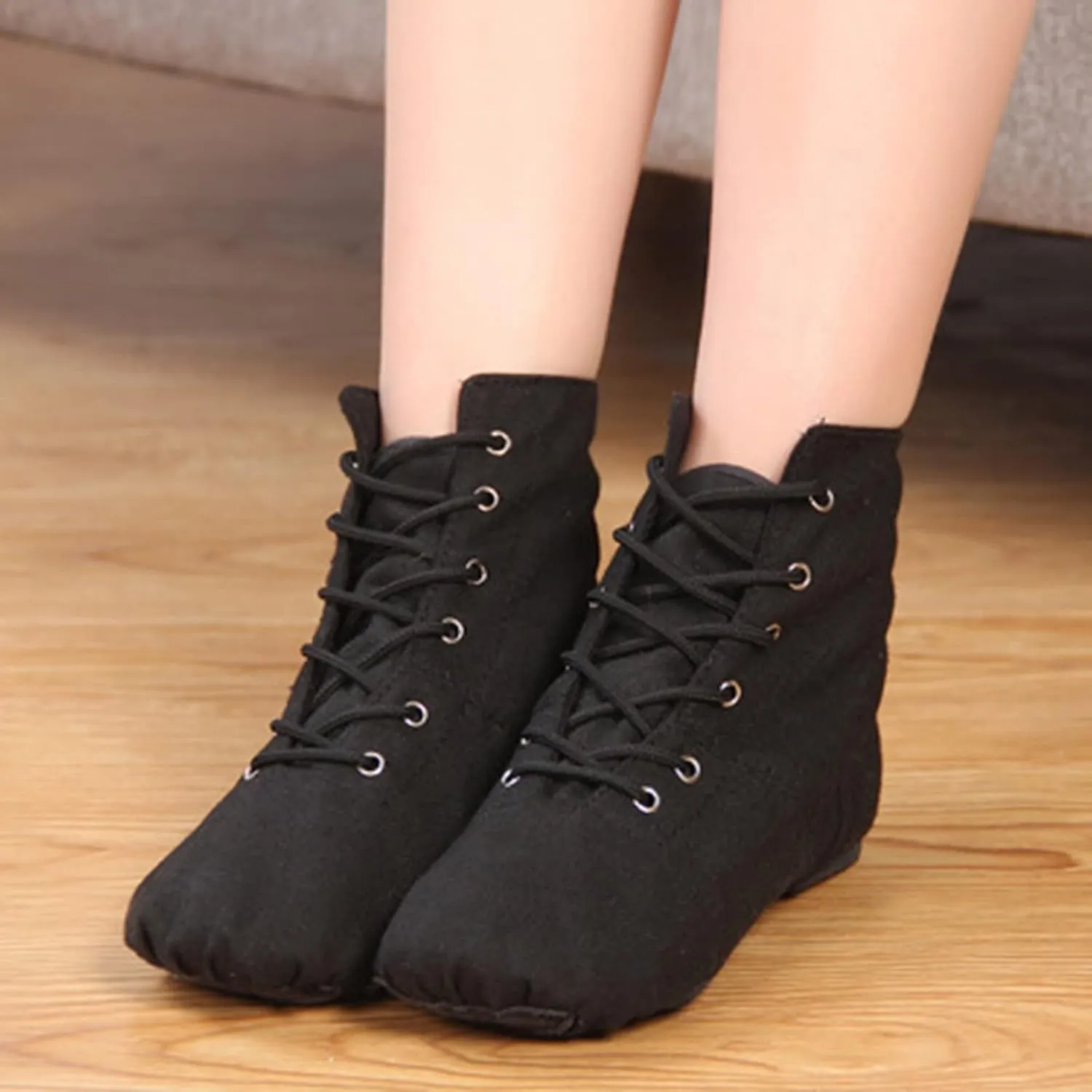 Lace Up Black Jazz Shoes Dance Boots for Girls High Top Canvas Dancing Shoes Split Sole Over Ankle Jazz Boots