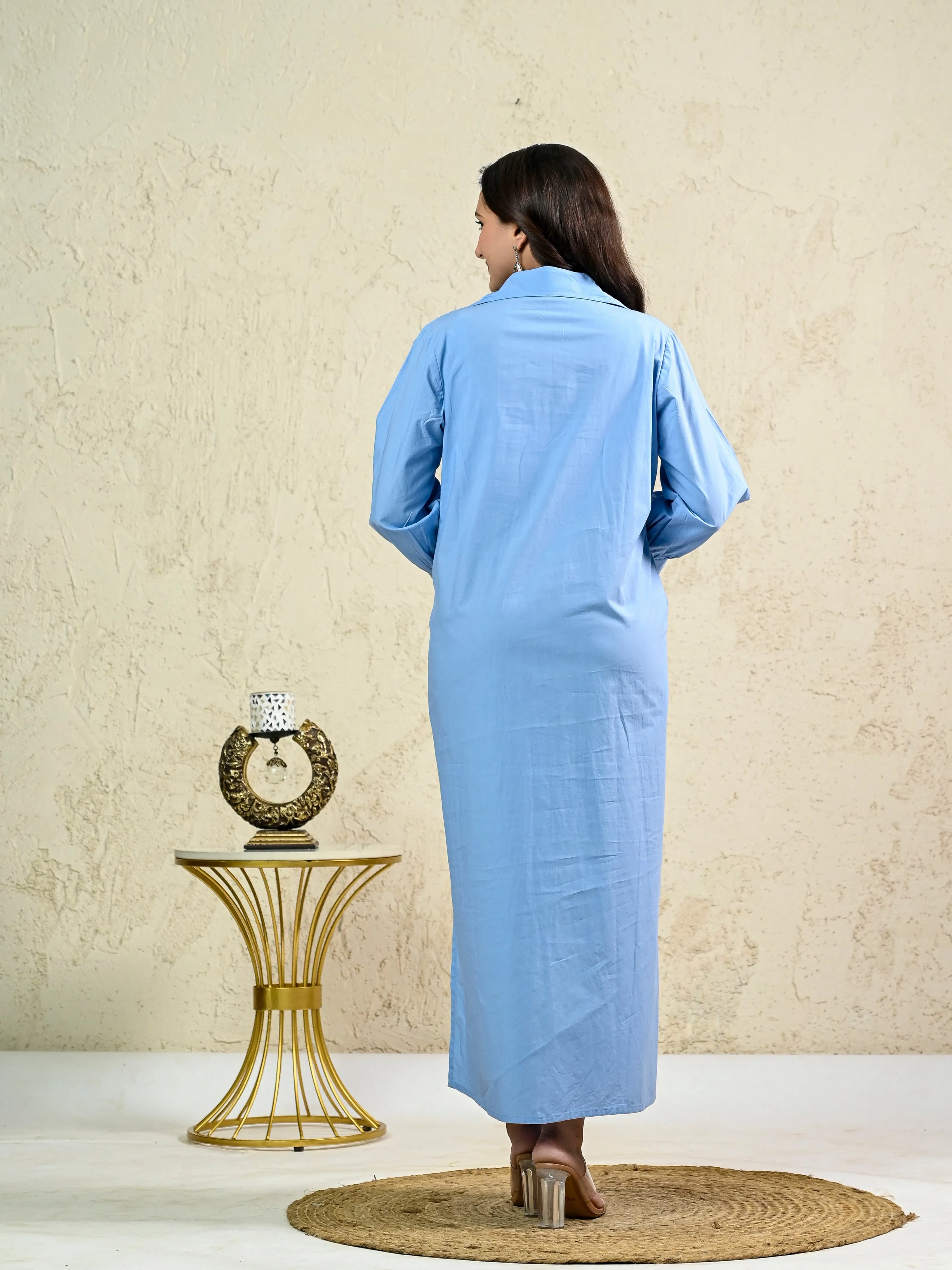 LIGHT BLUE LONG EMBROIDERY SHIRT DRESS