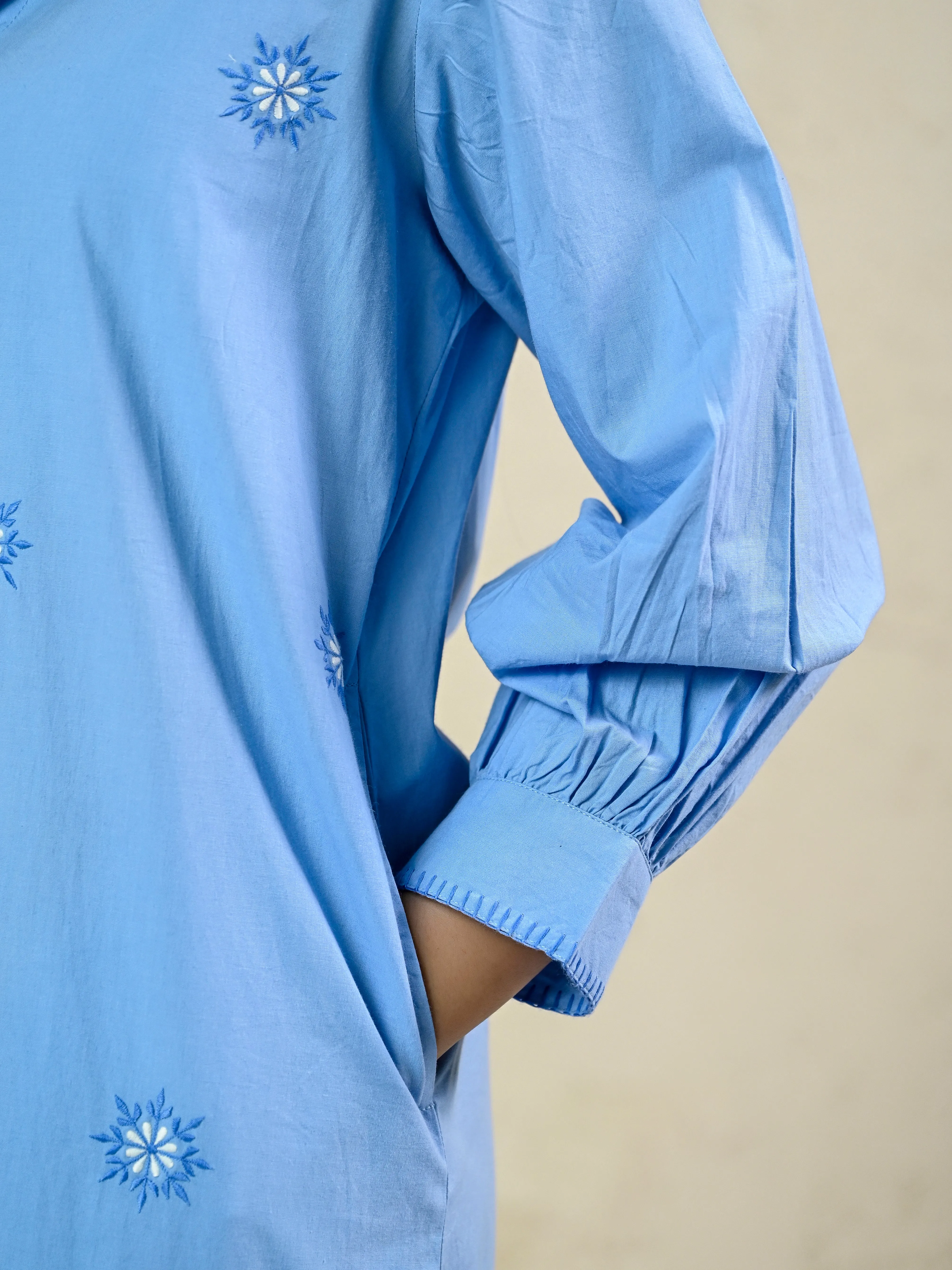 LIGHT BLUE LONG EMBROIDERY SHIRT DRESS