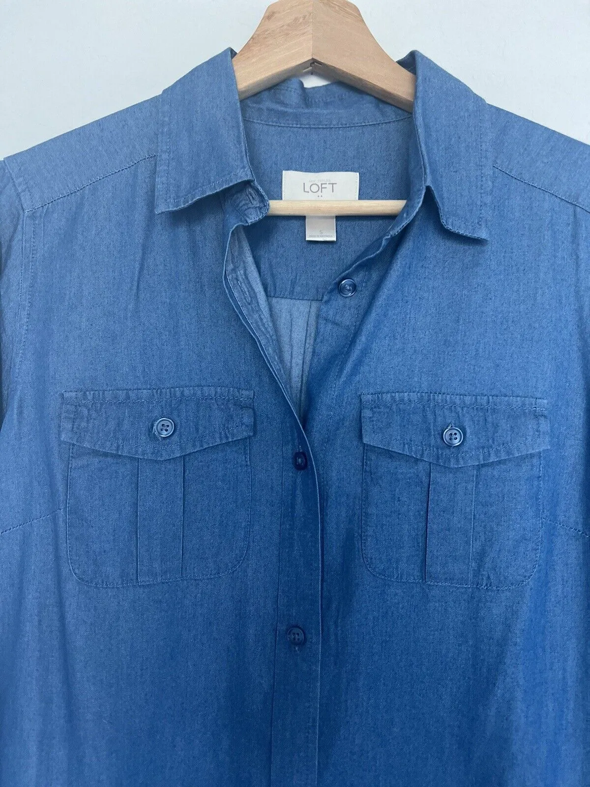 LOFT Women's Blue Button Front Roll Tab Sleeve Chambray Dress Size S
