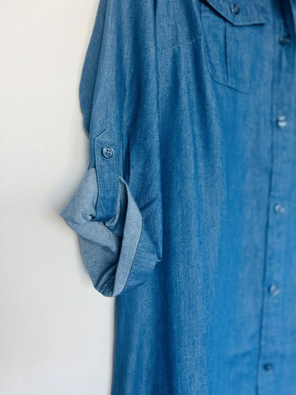 LOFT Women's Blue Button Front Roll Tab Sleeve Chambray Dress Size S