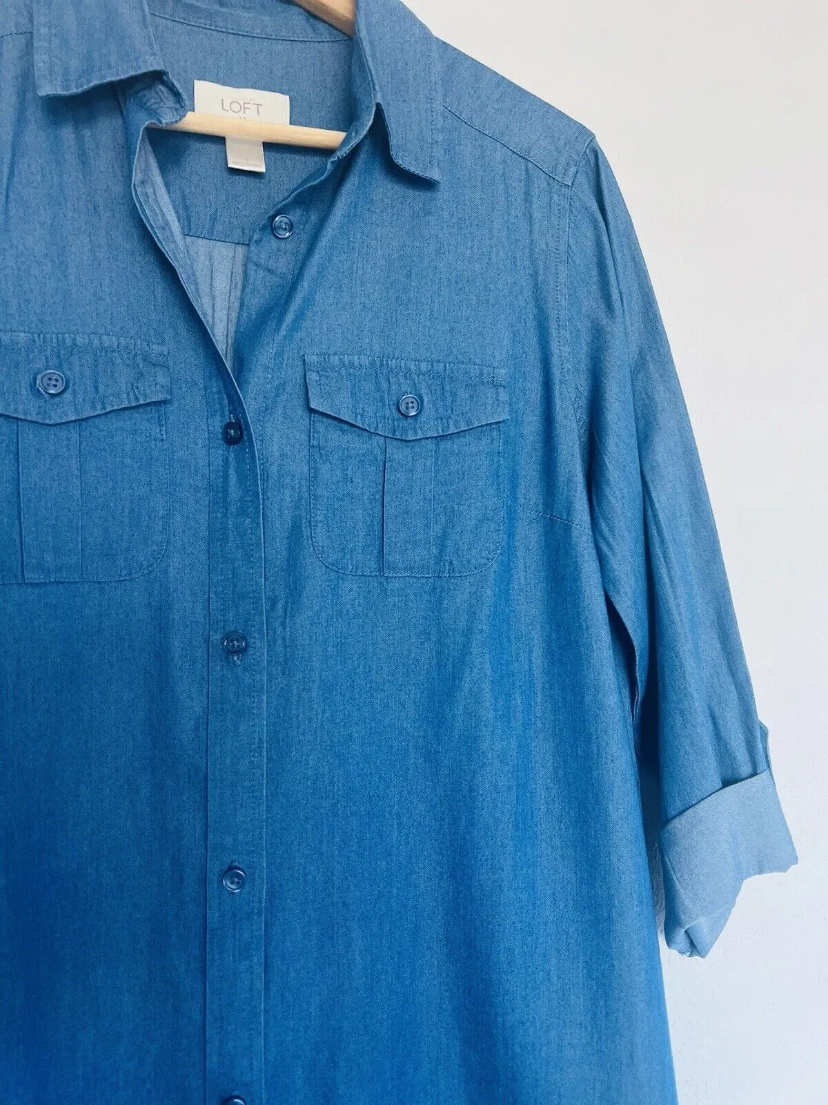 LOFT Women's Blue Button Front Roll Tab Sleeve Chambray Dress Size S